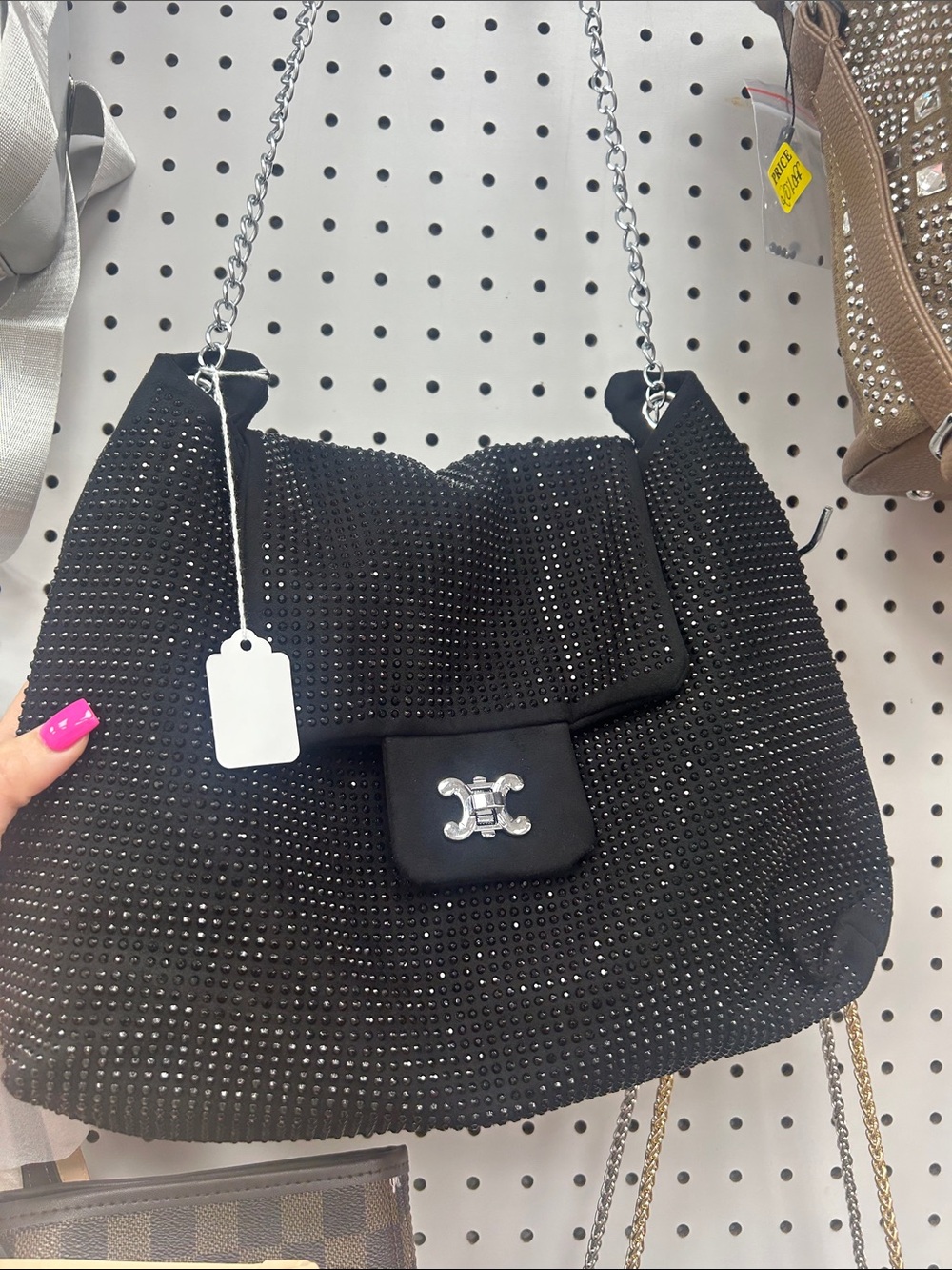 Black Rhinestone Chain-Handle Shoulder Bag